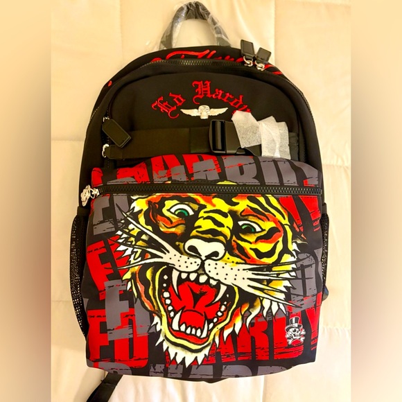 ED HARDY Screaming Tiger Skull Tattoo Y2K Embroidered Backpack Laptop Sleeve NWT - Picture 1 of 7